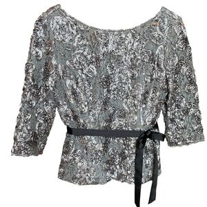 Alex Evenings steel metallic grey floral ribbon&lace belted semi-formal TopSZ-M